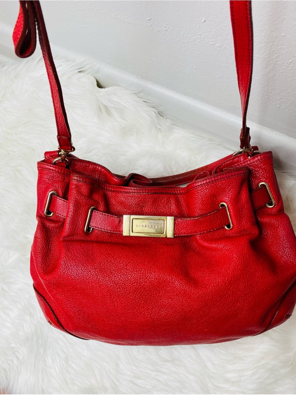 Burberry Willenmore Leather Hobo/ Crossbody Bag in Red Pebbled Calfskin Leather
